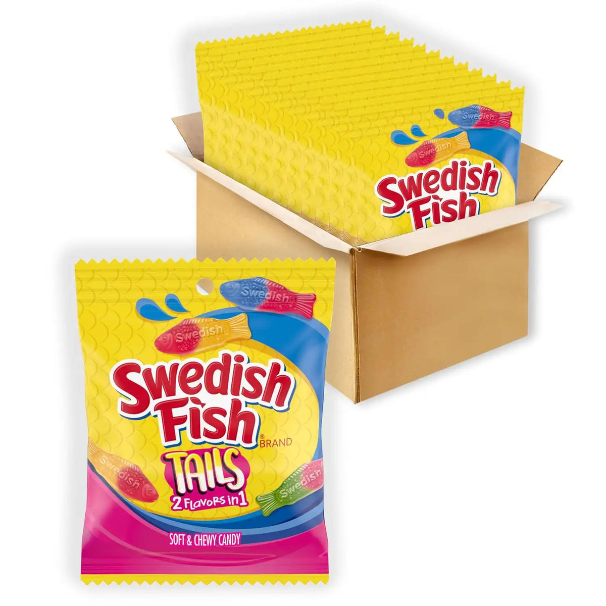 SWEDISH FISH Tails 2 Flavors in 1 Soft & Chewy Gummy Candy, 12 Bags